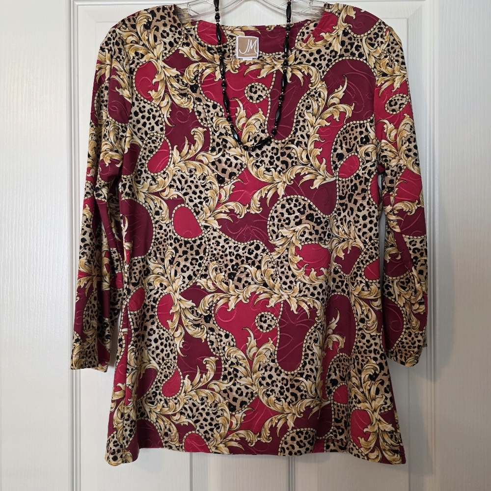 JM Collection Women's Red and Gold Patterned Blouse 3/4 Sleeves Sz S